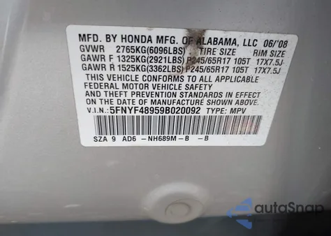 2009 Honda Pilot Touring z USA, uszkodzony, nr VIN 5FNYF48959B020092